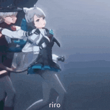 a couple of anime characters are dancing and one of them is wearing a cat hat .