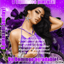 a woman in a purple dress is on a purple background