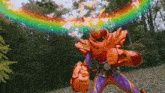 a cartoon character in a purple and orange outfit with a rainbow in the background
