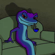 a blue and purple lizard sitting on a couch with a pipe in its mouth
