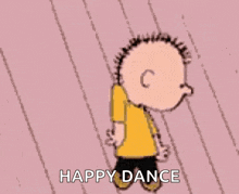 a cartoon character is dancing on a wooden floor with the words `` happy dance '' written below him .