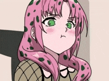 a cartoon of a girl with pink hair and green eyes .