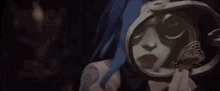 a woman with blue hair is holding a magnifying glass and looking at herself in the mirror .