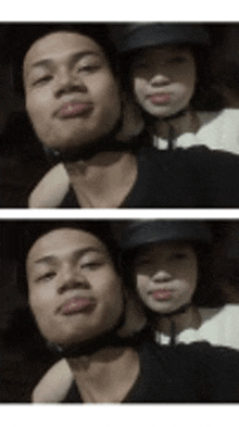 a man and a woman wearing helmets are posing for a selfie .