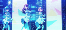 three anime girls are dancing on a stage with a city in the background