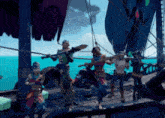 a group of people are standing on a boat in the water