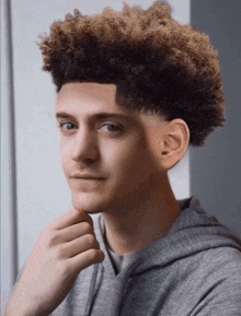 a young man with curly hair and a gray hoodie