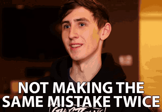 a man in a black hoodie with the words not making the same mistake twice on the bottom