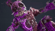 a close up of a purple monster with purple liquid coming out of it