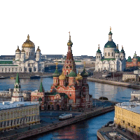 a large red building with a gold dome on top of it