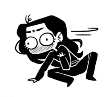 a black and white drawing of a woman in a black suit kneeling down .