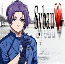 a boy with purple hair is standing in front of sybau