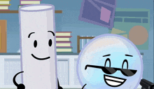 a cartoon drawing of a cylinder and a bubble with sunglasses