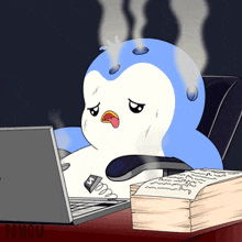 a cartoon of a penguin sitting in front of a laptop with steam coming out of it