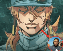 a close up of a cartoon character with a red arrow pointing to a picture of a man wearing headphones