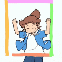 a cartoon of a girl with her arms in the air