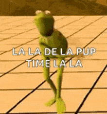 a kermit the frog is dancing on a tiled floor .
