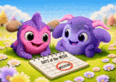 two monsters laying next to a calendar that says days of the week