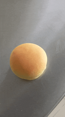 a hamburger bun sits on a gray surface