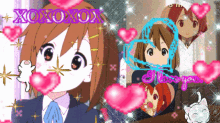 a cartoon girl is surrounded by pink hearts and the words " xoxoxoxo "