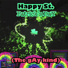 a happy st. patrick 's day greeting card with rainbows and clovers