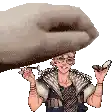 a pixel art drawing of a man holding a butterfly and a giant hand behind him .