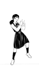 a black and white drawing of a girl in a school uniform dancing