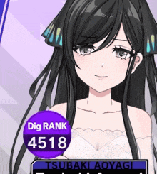 a girl with long black hair is holding a purple circle that says dig rank 4518