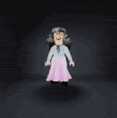 a cartoon character with gray hair and a pink skirt is smiling