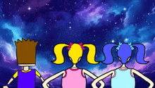 a cartoon of a boy and two girls looking up at the sky