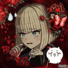 a picture of a girl with roses and butterflies and the words love you