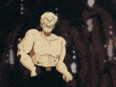 a cartoon character without a shirt is standing in a dark cave .