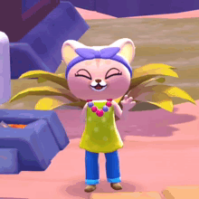 a cartoon cat wearing a yellow top and blue pants is standing in front of a plant and smiling .
