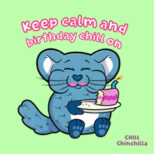a cartoon of a chinchilla holding a birthday cake with the words " keep calm and birthday chill on "
