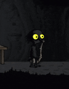 a cartoon character with yellow eyes is standing in a dark cave .