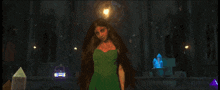 a woman in a green dress is standing in a room