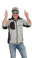 a man wearing sunglasses and a hat giving a thumbs up sign