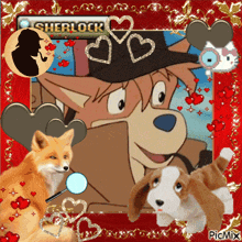 a picture of a fox and a dog with sherlock written on the top