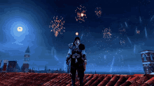 a man stands on a roof watching fireworks in the night sky