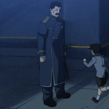 a man in a blue coat is standing next to a child