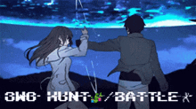 a man and a woman are standing next to each other with the words gwo hunt battle x written below them