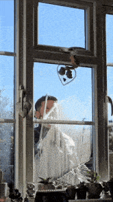 a man cleaning a window with a heart hanging from the top