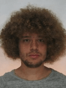 a man with curly hair and a beard is wearing a gray shirt .