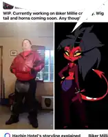a picture of a man in a red jacket next to a picture of a cartoon character