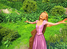 a cartoon girl in a pink dress is standing in a grassy field with her arms outstretched