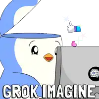 a cartoon of a penguin with the words grok imagine above it