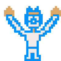 a pixel art of a blue and white ninja with his arms outstretched .