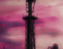 a painting of a tower with a pink sky in the background