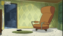 an advertisement for comedy central with a chair and remote