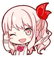 a cartoon girl with pink hair and a red bow in her hair .